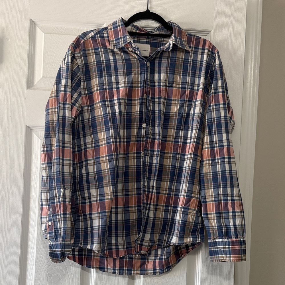 American Eagle Outfitters Plaid Button-Down Shirt in Blue and Pink
